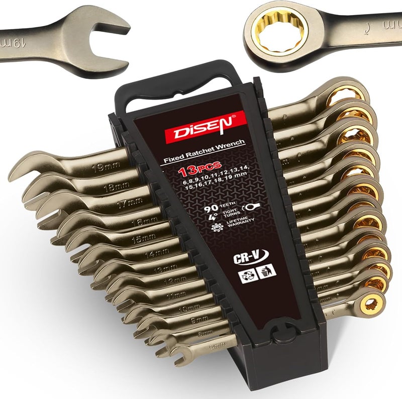 DISEN 13pcs 90-Teeth Ratchet Wrenches Set, Fixed Head Metric Ratcheting Wrench Set 6, 8, 9, 10, 11, 12, 13, 14, 15, 16, 17, 18, 19MM, Cr-V Constructed, Nickel Plating with Organizer - Image 1